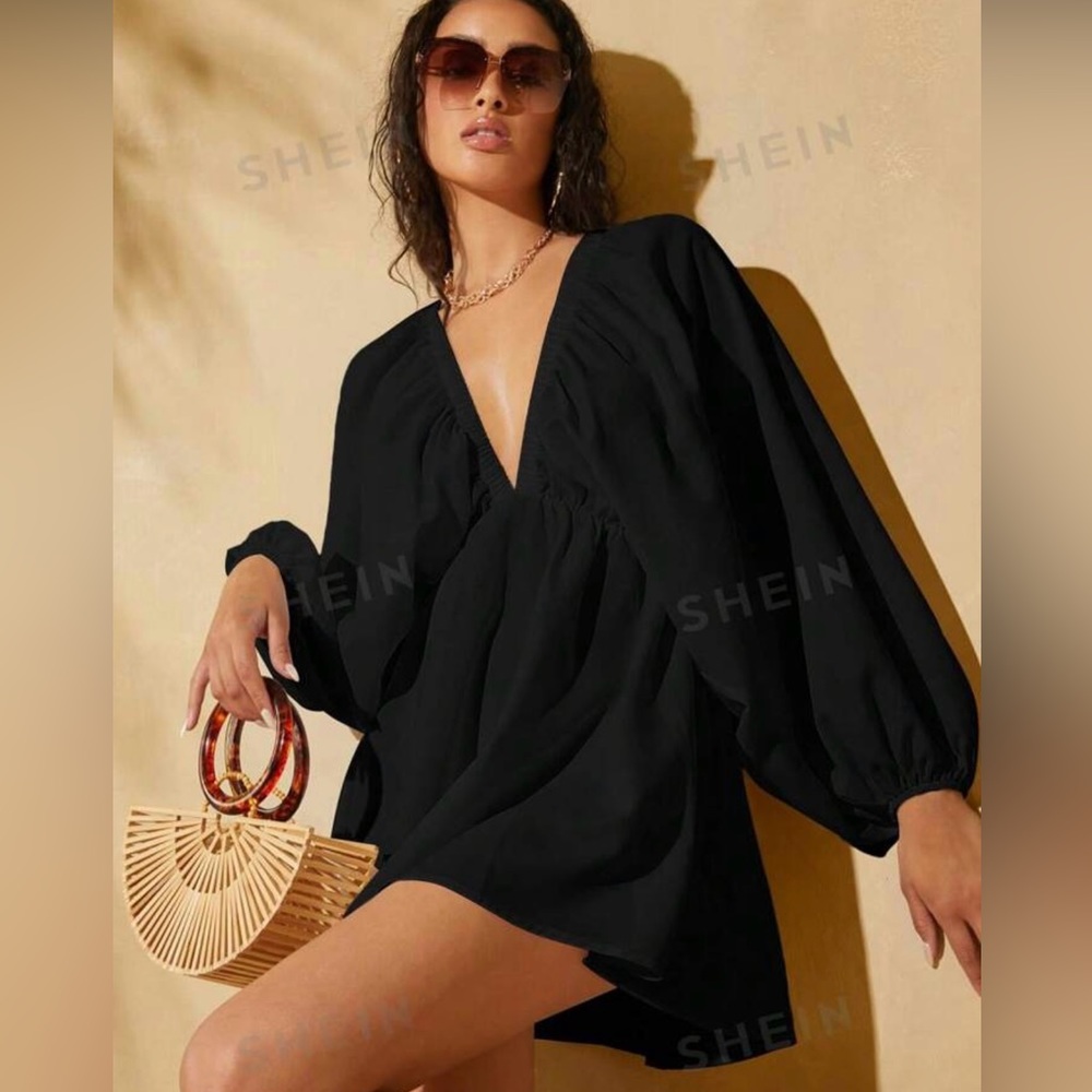 SHEIN VCAY Plunging Neck Lantern Sleeve Smoc